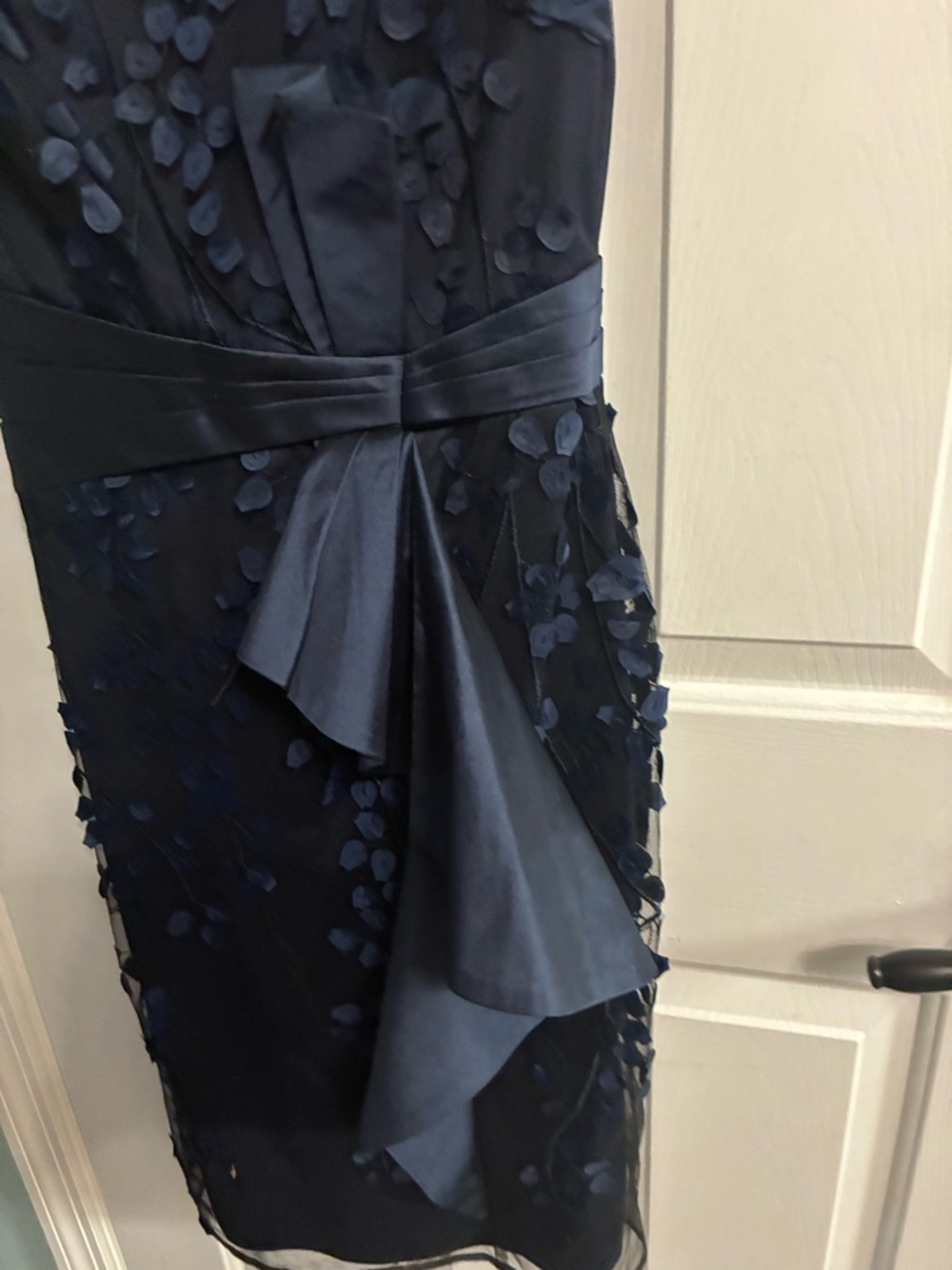 Carmen Marc Valvo Navy Midi Dress with Sheer Yoke and Petal Details - Picture 4 of 9